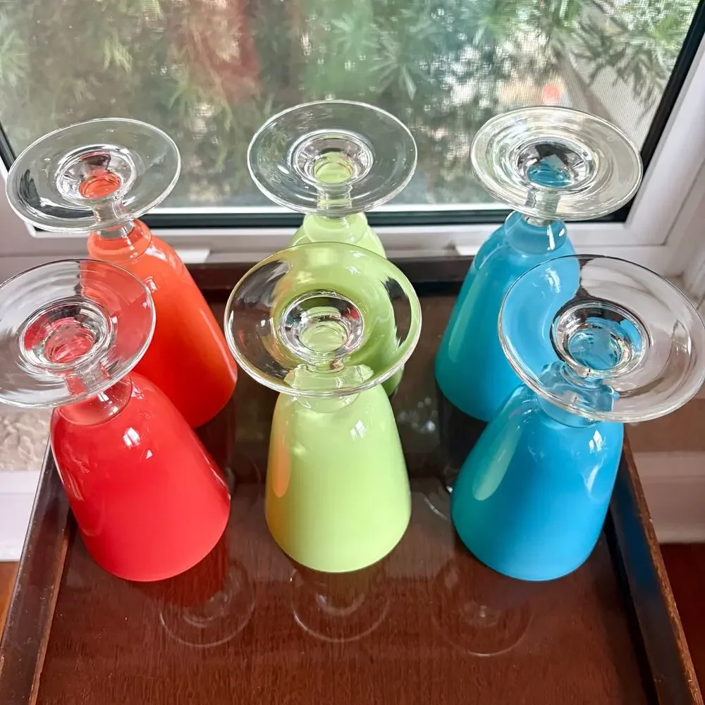 Vintage Hand Blown Colorful Glass Goblets Set of 6 Art Glass